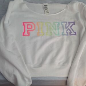 PINK Victoria's Secret White Cropped Crewneck with Rainbow Gradient Logo